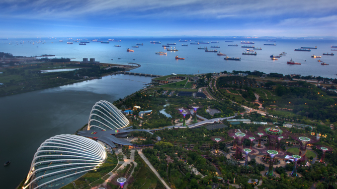 Cargo ships entering Singapore port